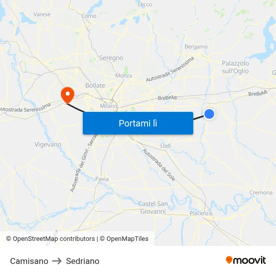 Camisano to Sedriano map