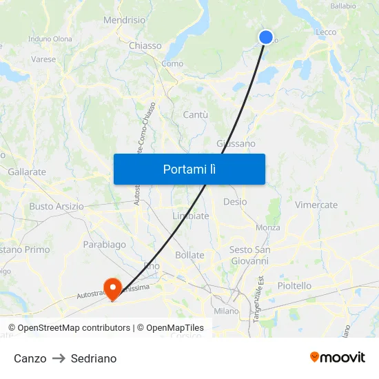 Canzo to Sedriano map