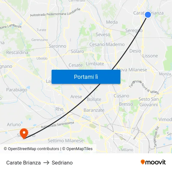 Carate Brianza to Sedriano map