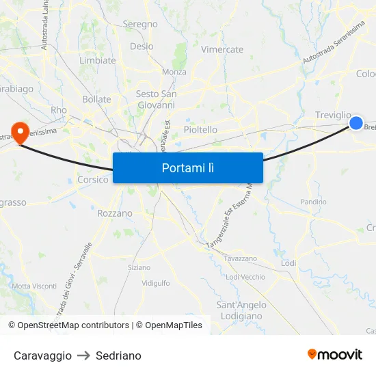 Caravaggio to Sedriano map