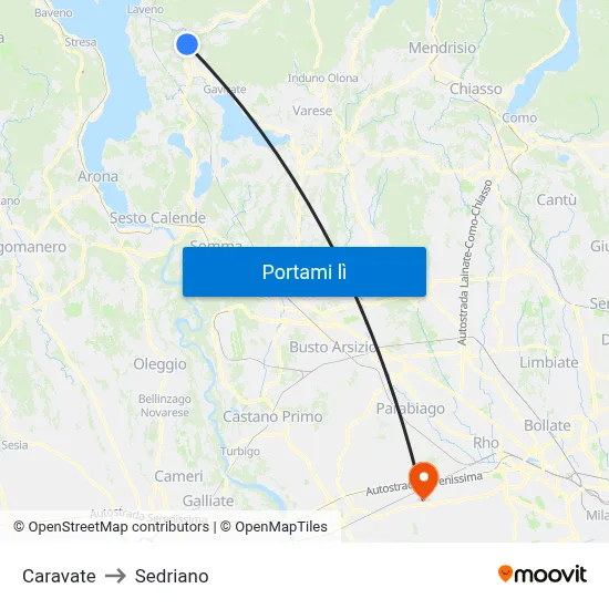 Caravate to Sedriano map