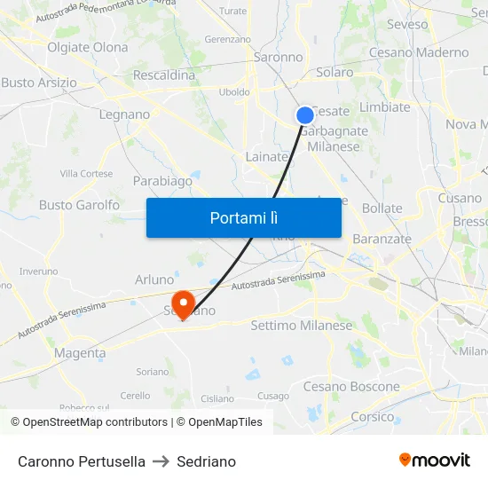 Caronno Pertusella to Sedriano map