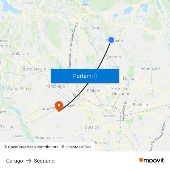 Carugo to Sedriano map