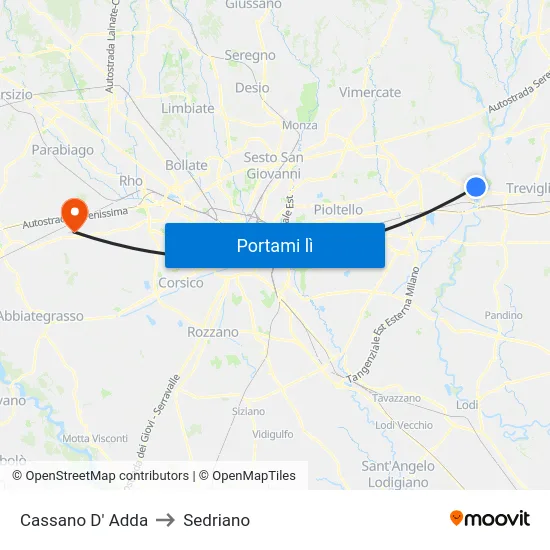 Cassano D' Adda to Sedriano map