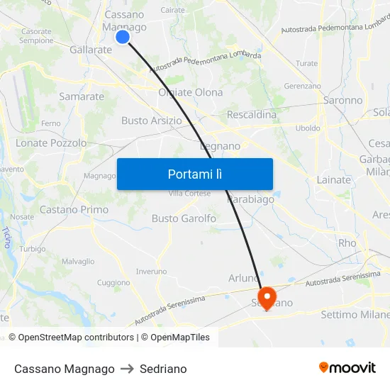 Cassano Magnago to Sedriano map