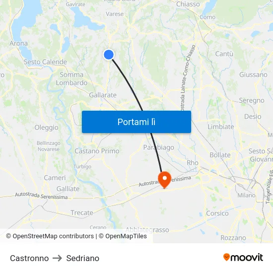 Castronno to Sedriano map