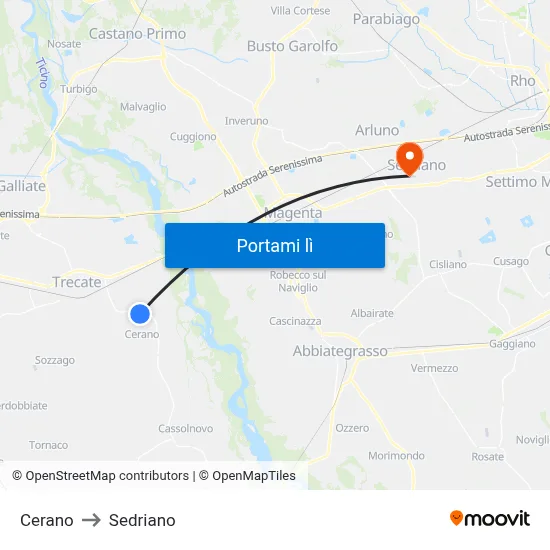 Cerano to Sedriano map