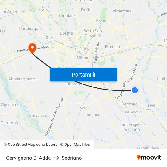 Cervignano D' Adda to Sedriano map