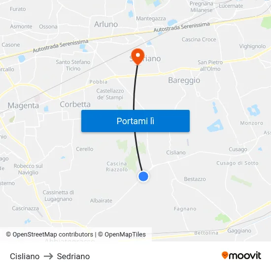 Cisliano to Sedriano map