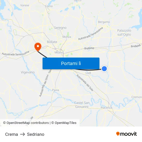 Crema to Sedriano map