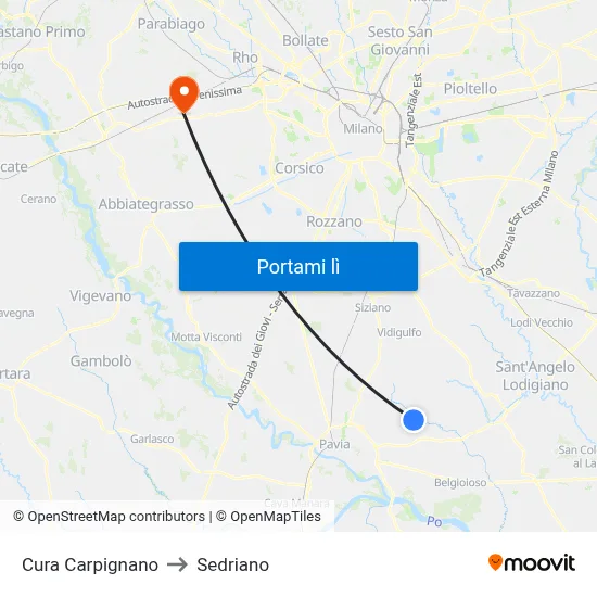 Cura Carpignano to Sedriano map