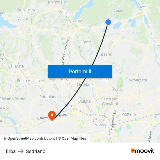 Erba to Sedriano map