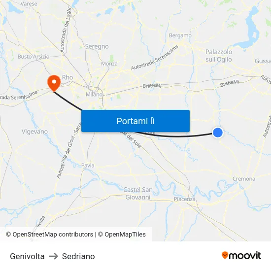 Genivolta to Sedriano map