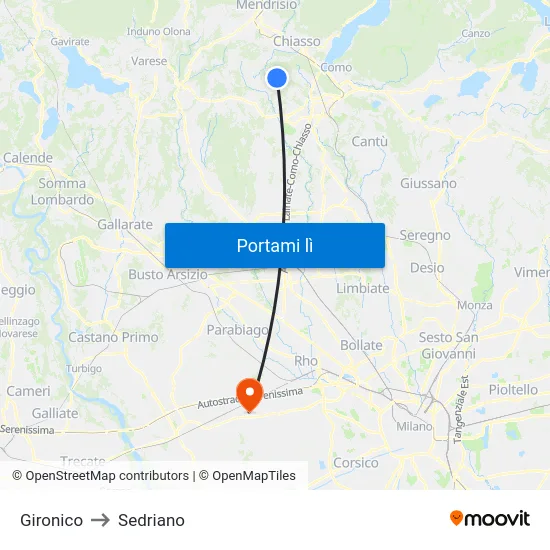 Gironico to Sedriano map