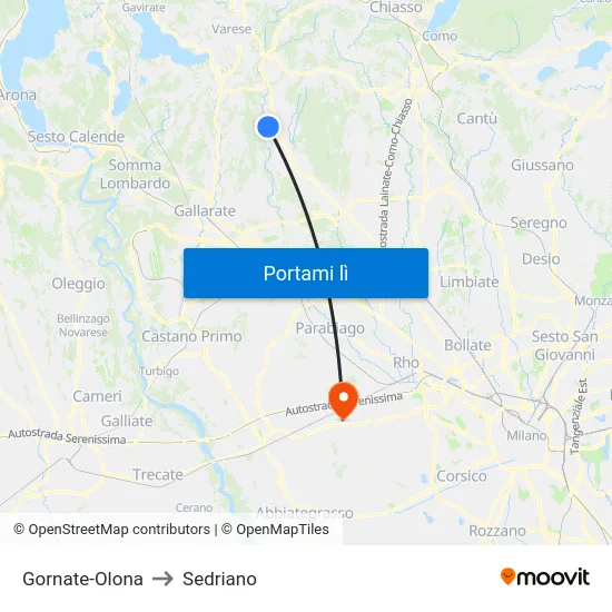 Gornate-Olona to Sedriano map