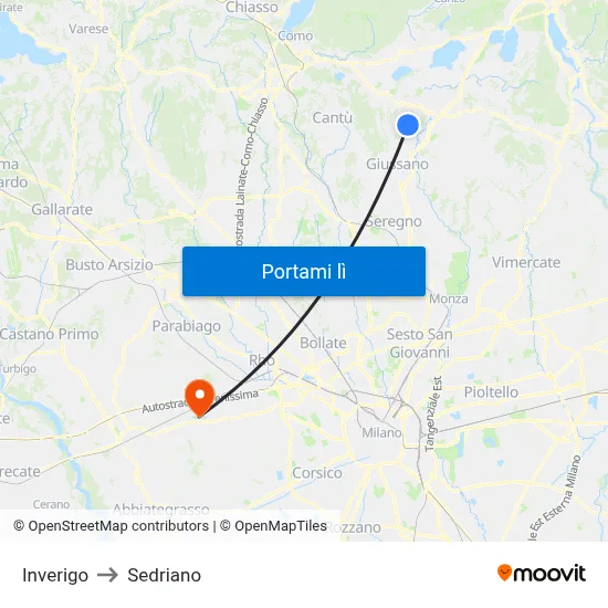 Inverigo to Sedriano map