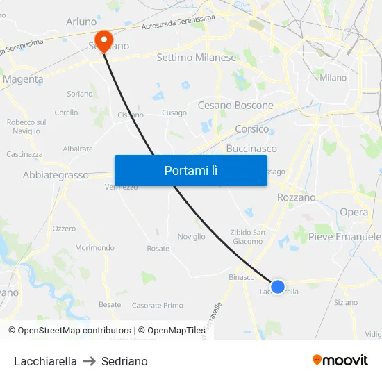 Lacchiarella to Sedriano map