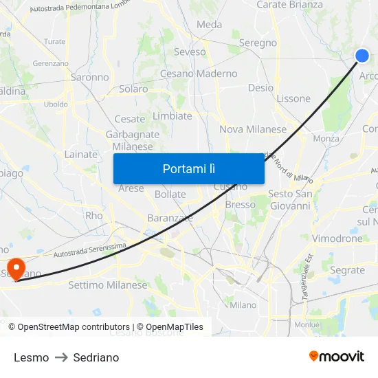 Lesmo to Sedriano map