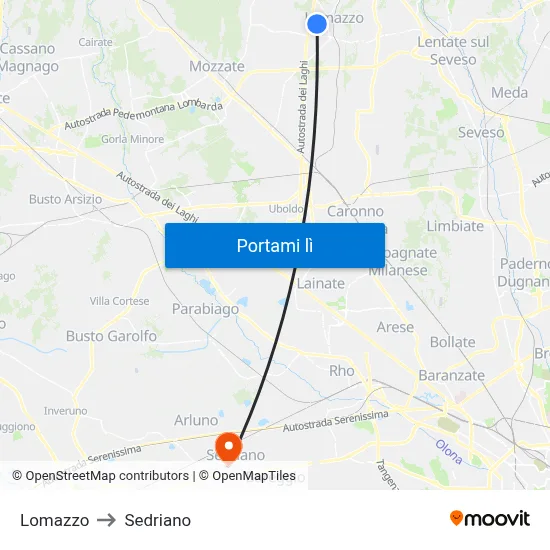 Lomazzo to Sedriano map