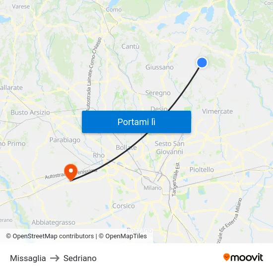 Missaglia to Sedriano map