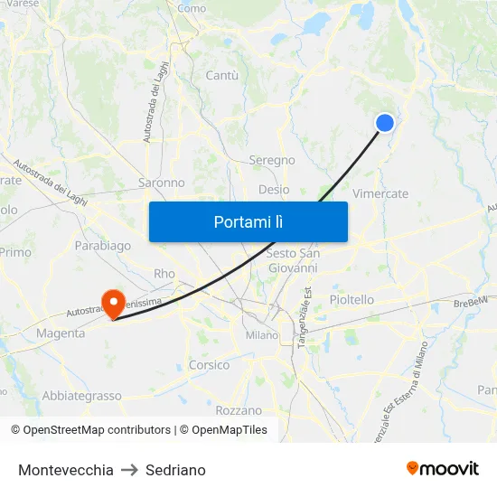 Montevecchia to Sedriano map