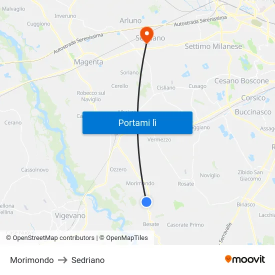 Morimondo to Sedriano map