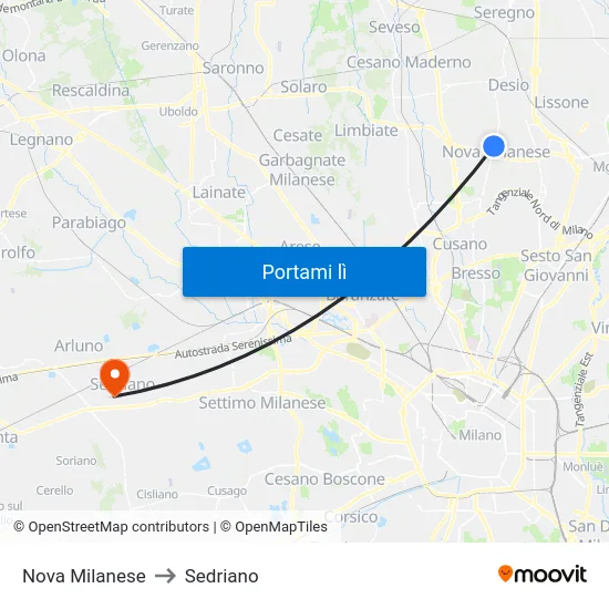 Nova Milanese to Sedriano map