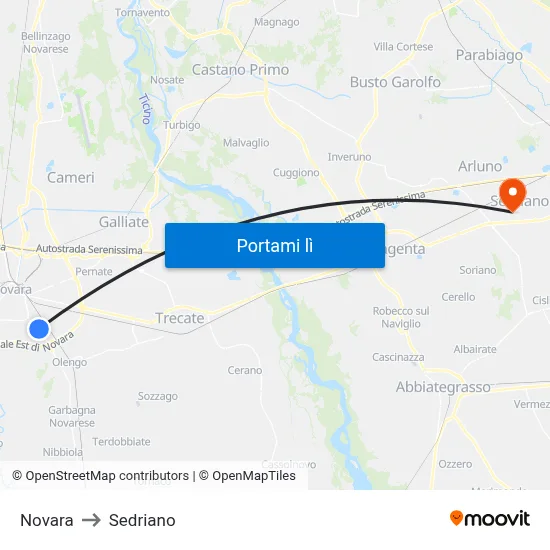 Novara to Sedriano map