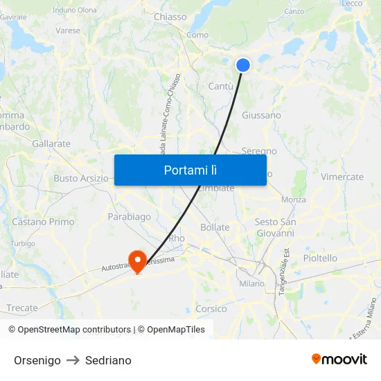 Orsenigo to Sedriano map