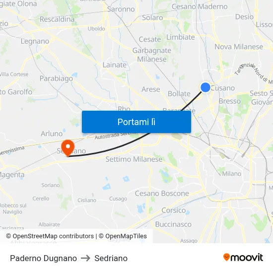 Paderno Dugnano to Sedriano map