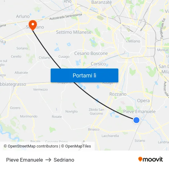 Pieve Emanuele to Sedriano map