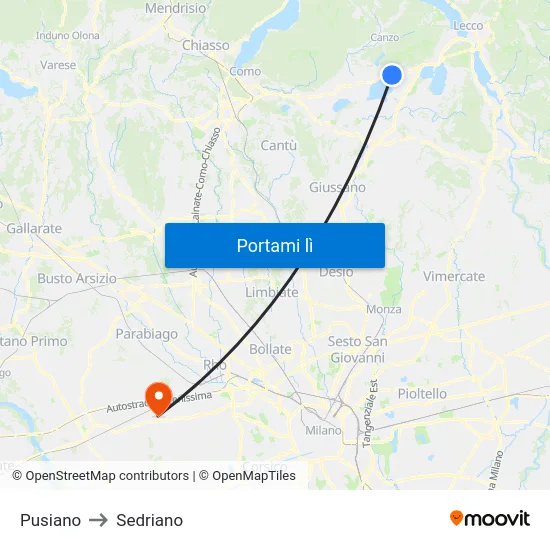 Pusiano to Sedriano map