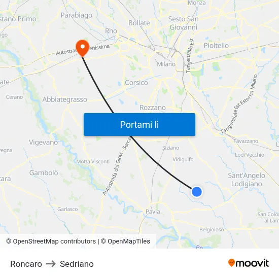 Roncaro to Sedriano map