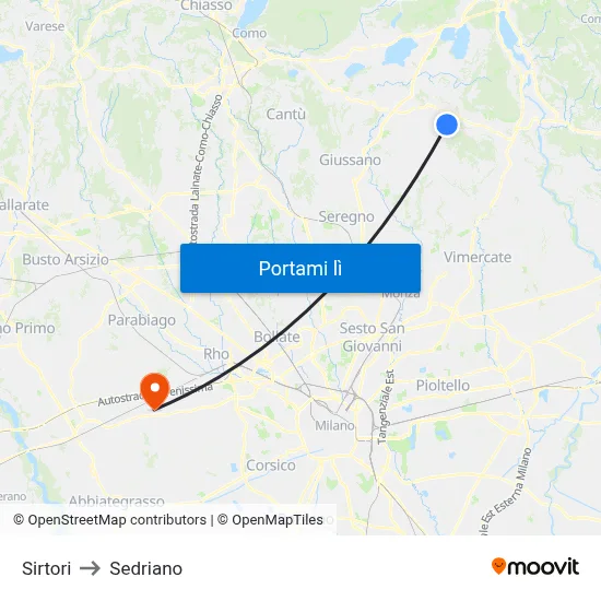 Sirtori to Sedriano map