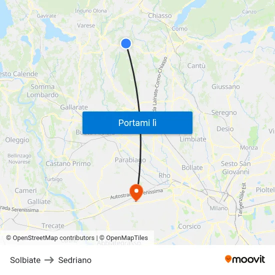 Solbiate to Sedriano map