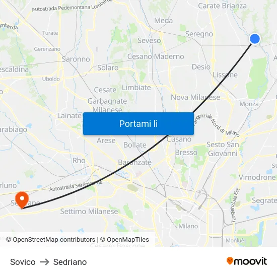 Sovico to Sedriano map