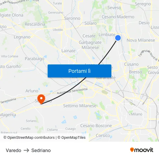 Varedo to Sedriano map