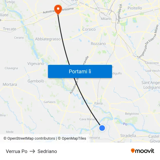 Verrua Po to Sedriano map