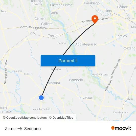 Zeme to Sedriano map