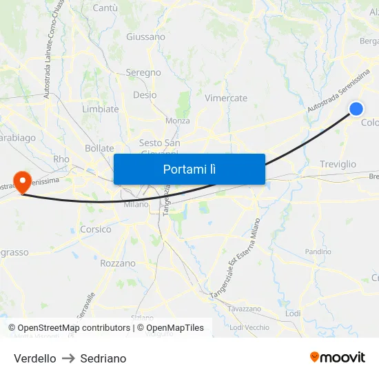 Verdello to Sedriano map
