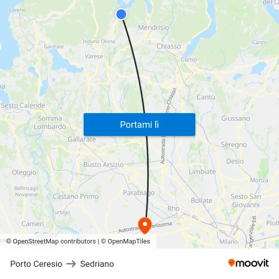 Porto Ceresio to Sedriano map