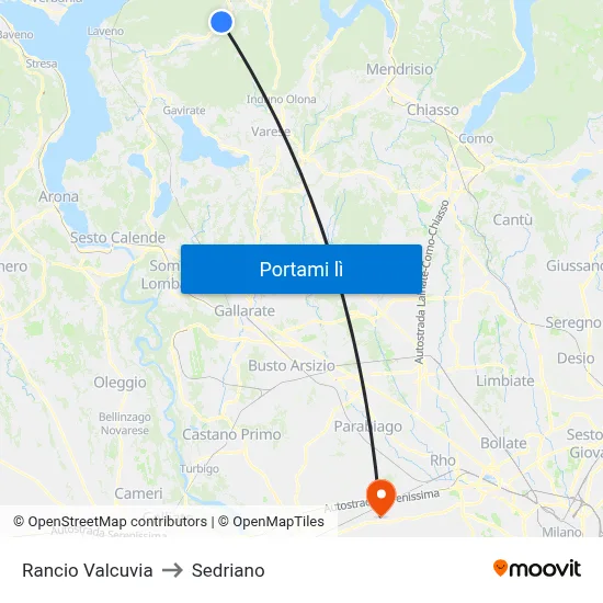 Rancio Valcuvia to Sedriano map