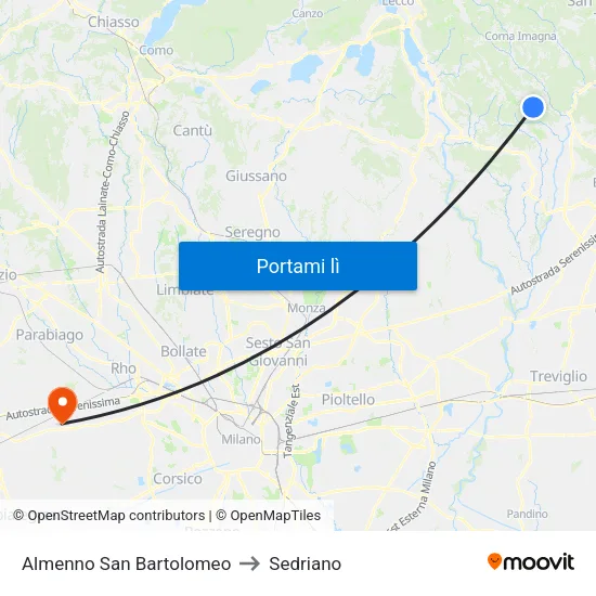 Almenno San Bartolomeo to Sedriano map