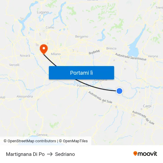 Martignana Di Po to Sedriano map