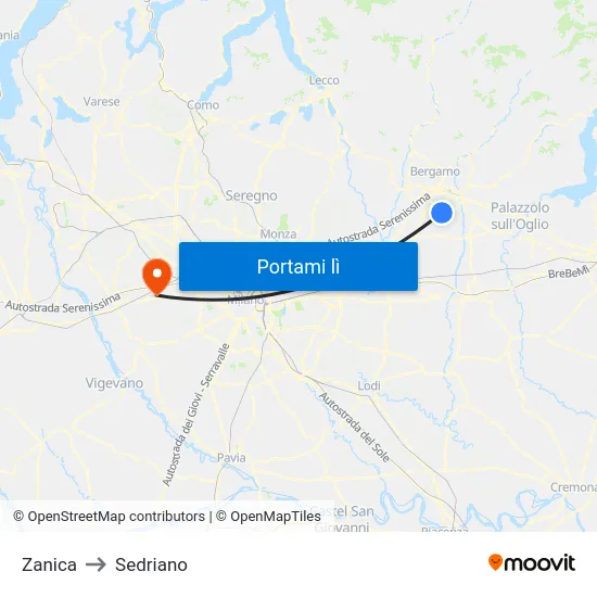 Zanica to Sedriano map