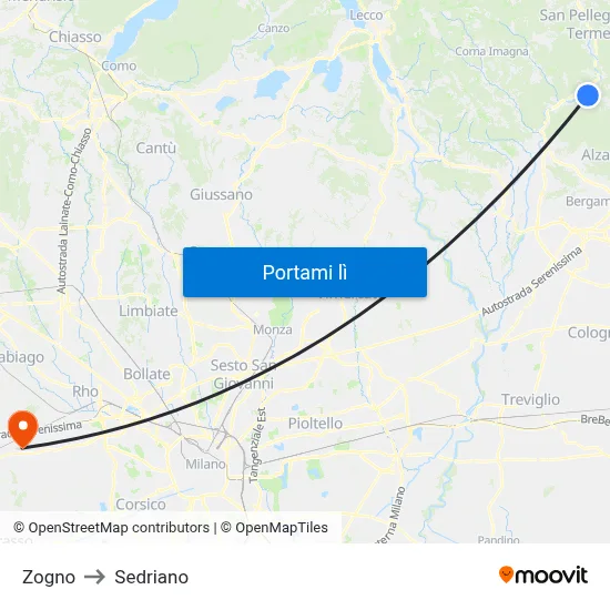 Zogno to Sedriano map