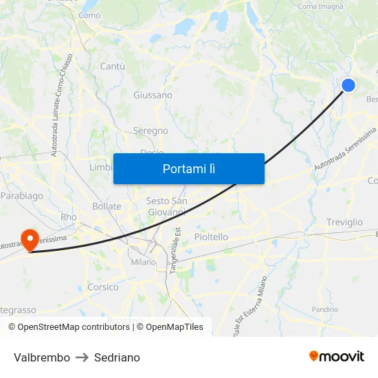 Valbrembo to Sedriano map