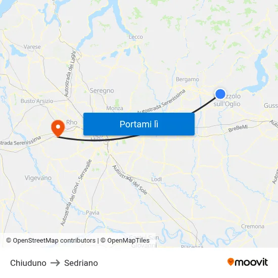 Chiuduno to Sedriano map