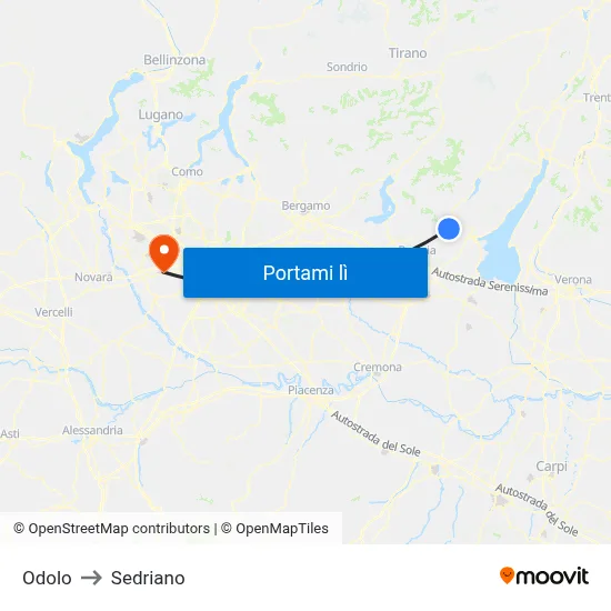 Odolo to Sedriano map