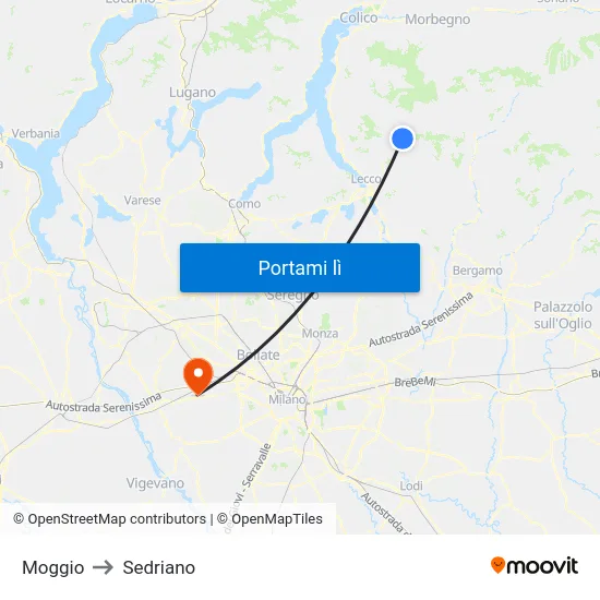Moggio to Sedriano map